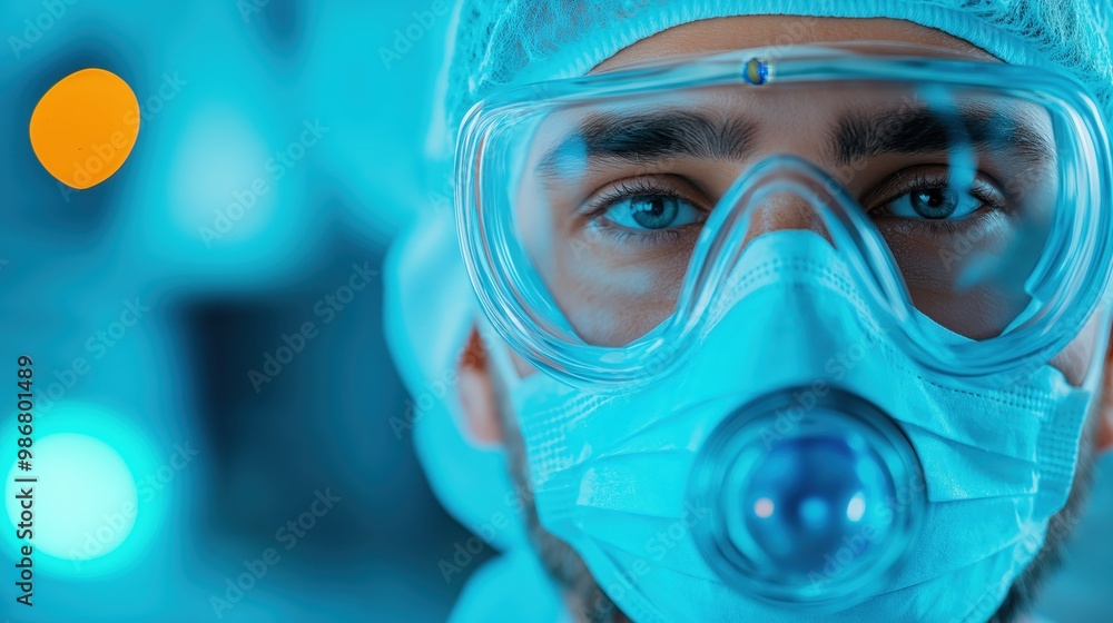 Close up portrait of a healthcare worker such as a doctor or nurse wearing protective medical equipment like a face mask and gloves in a dark Close up portrait of a healthcare worker such as a doctor or nurse wearing protective medical equipment like a face mask and gloves in a dark