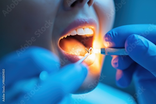 Close up of dentist examining patient s open mouth during dental checkup and treatment at the dental clinic  Dentist using dental tools and equipment to inspect photo