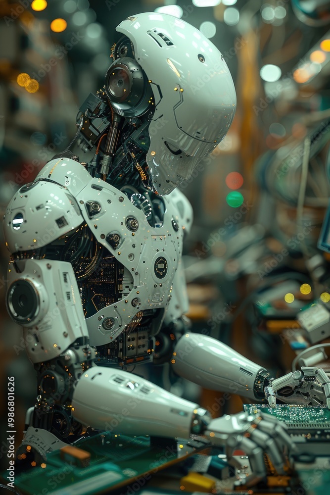 Fototapeta premium Futuristic Robot Working on Circuit Board