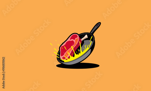 Steak sizzling in a frying pan vector illustration