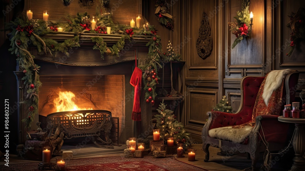 Living room decorated for Christmas with chic red armchair, lit fireplace, candles and Christmas ornaments Living room decorated for Christmas with chic red armchair, lit fireplace, candles and Christmas ornaments
