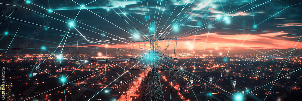 Fototapeta premium Renewable energy infrastructure enhanced AI where artificial intelligence designs monitors and optimizes energy systems for sustainable power generation