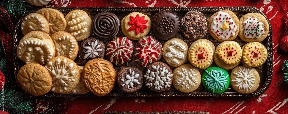 Delicious assortment of festive cookies arranged beautifully on a tray, perfect for holiday celebrations and gatherings. Delicious assortment of festive cookies arranged beautifully on a tray, perfect for holiday celebrations and gatherings.