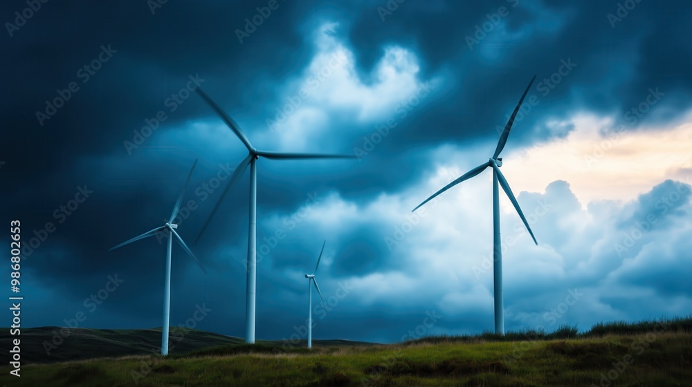Dramatic scenery of wind turbines generating renewable electricity against a backdrop of stormy moody clouds in a rural countryside landscape Dramatic scenery of wind turbines generating renewable electricity against a backdrop of stormy moody clouds in a rural countryside landscape