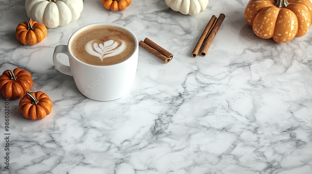 Fototapeta premium A white mug of latte art coffee on a white marble countertop with autumnal decorations.