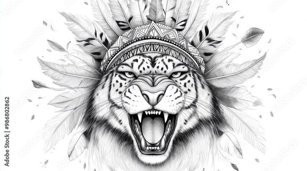 Fierce and intimidating tiger roaring with an intricate tribal headdress showcasing the raw power and primal nature of this big cat predator The portrait captures the animal s intense gaze Fierce and intimidating tiger roaring with an intricate tribal headdress showcasing the raw power and primal nature of this big cat predator The portrait captures the animal s intense gaze