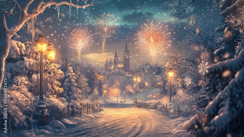 A serene winter landscape featuring fireworks over a snowy village, illuminated by streetlights, creating a magical atmosphere. A serene winter landscape featuring fireworks over a snowy village, illuminated by streetlights, creating a magical atmosphere.