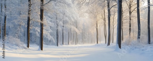 A serene winter landscape featuring snow-covered trees and a tranquil pathway, evoking a sense of calm and beauty.