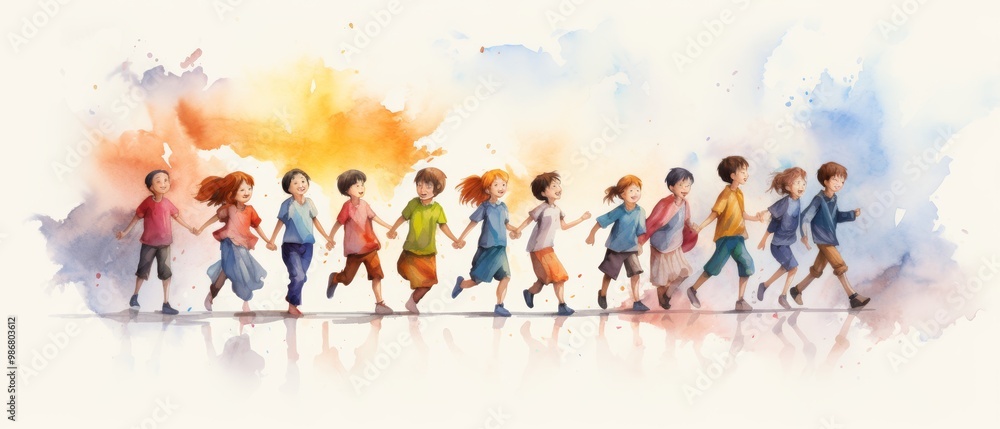 Obraz premium Playful Children Running in Watercolor Style