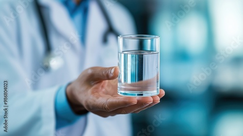 Skilled medical professional likely a doctor or physician holding a glass of clear clean water in a hospital or healthcare facility environment The image conveys the concept of healthcare treatment