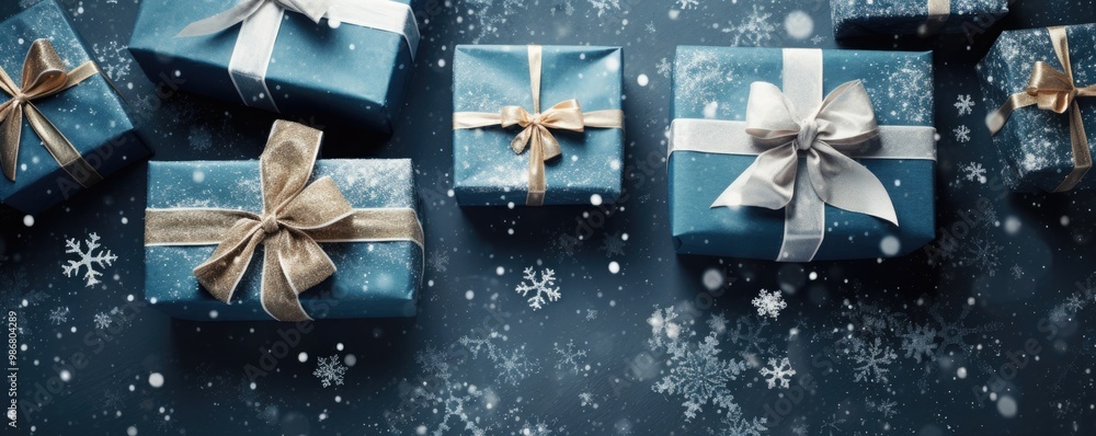 Blue Christmas presents in a winter settin Blue Christmas presents in a winter settin