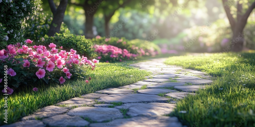 A stone path winding through a lush garden with vibrant pink flowers and greenery, bathed in soft sunlight. A stone path winding through a lush garden with vibrant pink flowers and greenery, bathed in soft sunlight.