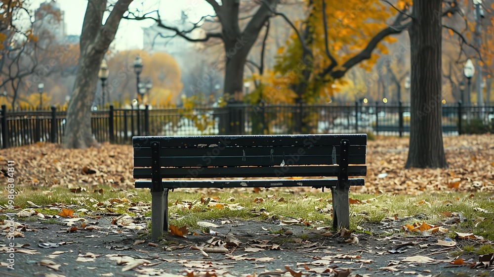 Lonely black bench in a park, surrounded by fallen leaves, under a canopy of autumnal trees, creating a serene atmosphere.