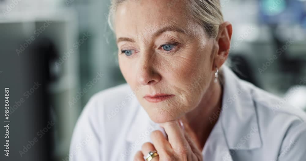 Mature, scientist and online for reading in lab for experimental data, digital innovation and research documentation. Woman, internet and thinking for science, medical analysis and simulation results