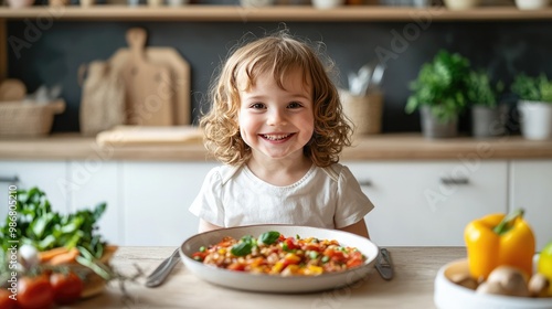 A smiling child enjoys a colorful dish in a bright kitchen, surrounded by fresh vegetables, embodying the joy of healthy eating and family meals.