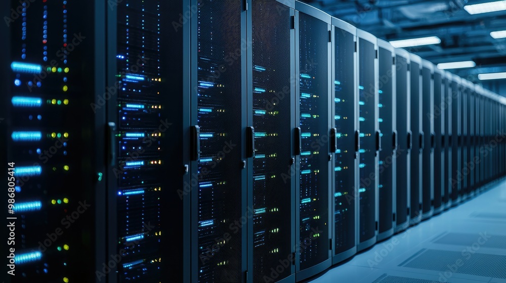 A sleek corridor of server racks, illuminated by blue lights, representing modern data storage technology in a data center. A sleek corridor of server racks, illuminated by blue lights, representing modern data storage technology in a data center.