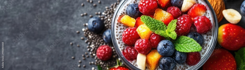 Colorful and healthy fruit bowl featuring berries, melon, and mint on a dark background, perfect for food photography. Colorful and healthy fruit bowl featuring berries, melon, and mint on a dark background, perfect for food photography.