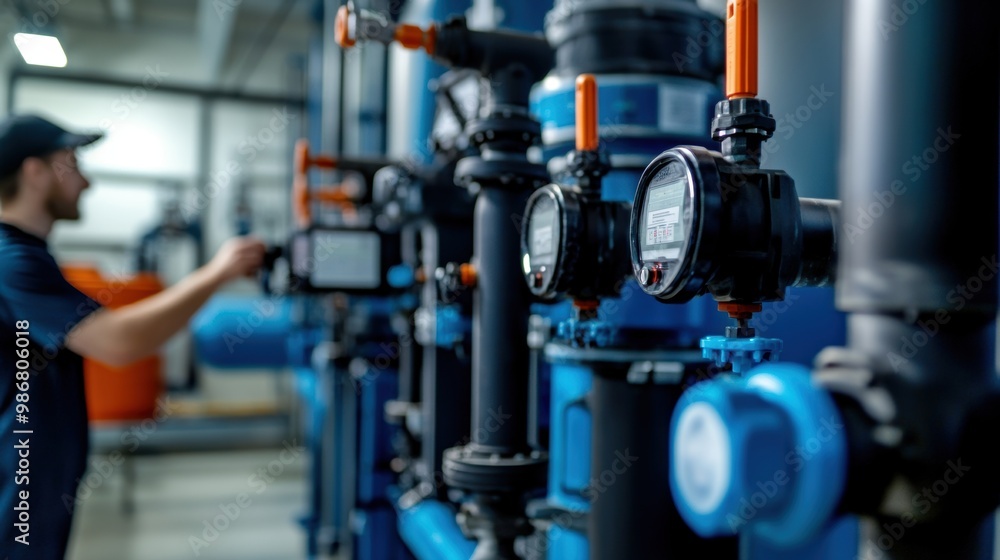 Engineer adjusting valves on industrial piping system Engineer adjusting valves on industrial piping system