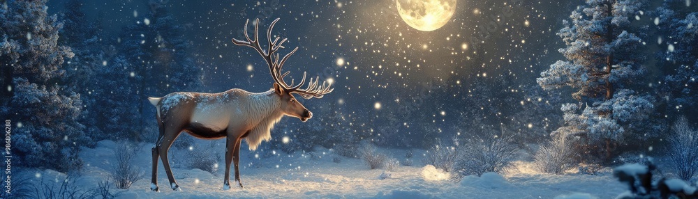 A majestic reindeer stands under a full moon, surrounded by snow-covered trees, creating a serene winter wonderland atmosphere. A majestic reindeer stands under a full moon, surrounded by snow-covered trees, creating a serene winter wonderland atmosphere.