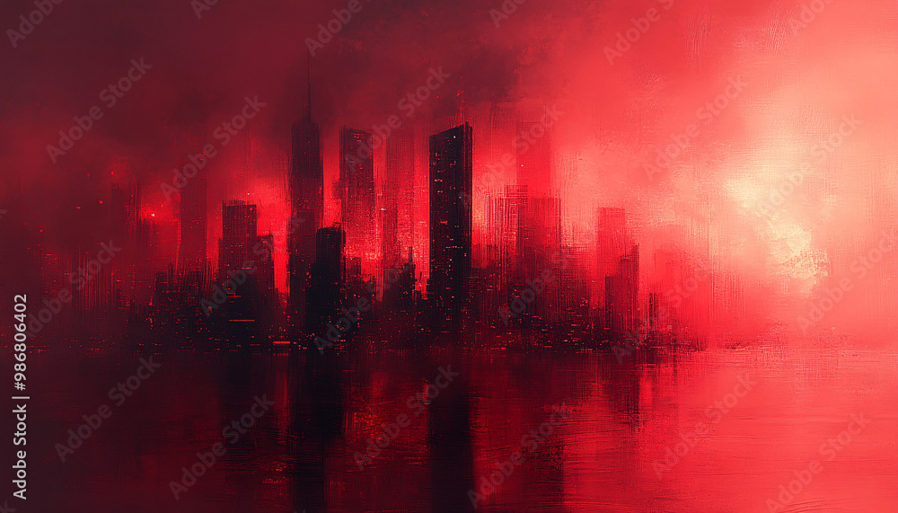 An abstract crimson red city skyline with a futuristic and digital glitch art style. It depicts a modern metropolitan atmosphere and can be used for art, technology, urban living,... An abstract crimson red city skyline with a futuristic and digital glitch art style. It depicts a modern metropolitan atmosphere and can be used for art, technology, urban living,...