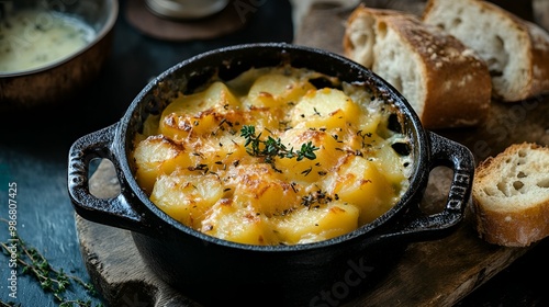 Creamy Potato Gratin with Thyme and Bread - Delicious Food Photography.