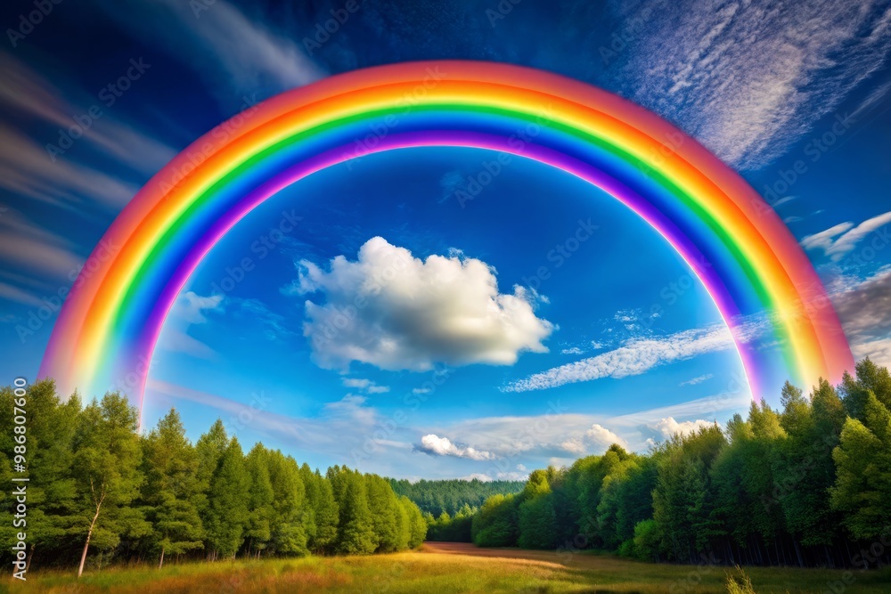 Symmetrical rainbow forms a perfect circle in the clear blue sky, featuring vibrant colors that blend harmoniously, Symmetrical rainbow forms a perfect circle in the clear blue sky, featuring vibrant colors that blend harmoniously,