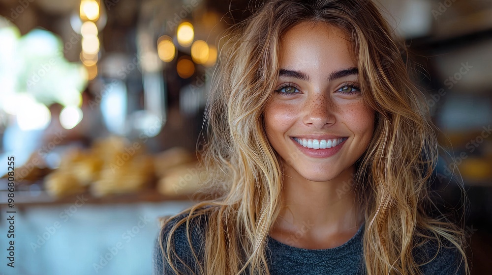 Portrait of a Young Woman with Blonde Hair and Freckles Smiling in a Cafe Portrait of a Young Woman with Blonde Hair and Freckles Smiling in a Cafe
