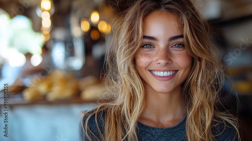 Portrait of a Young Woman with Blonde Hair and Freckles Smiling in a Cafe