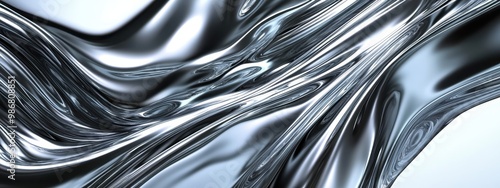 Liquid metal, flowing chrome, abstract waves, reflective surface, rippling silver, metallic texture, futuristic material, smooth curves, dynamic fluid, high contrast, glossy finish, sci-fi aesthetic, 