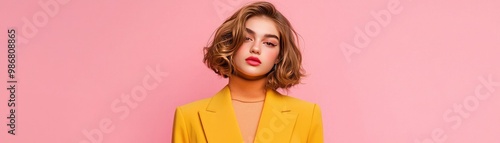 A stylish person with curly hair poses confidently in a vibrant yellow outfit against a soft pink background.