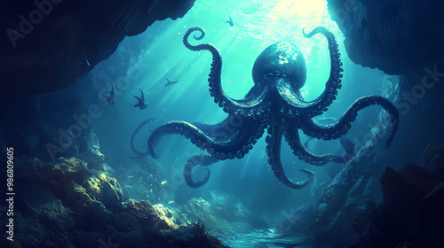 An underwater scene featuring a regal creature with octopus-like tentacles emerging from the shadows of an underwater cave. Underwater Cave. Illustration photo