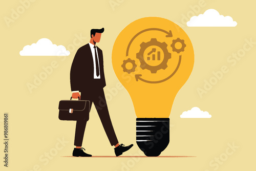 Business idea and financial success concept, a smart businessman standing next to a big burning lamp with gear setting contents