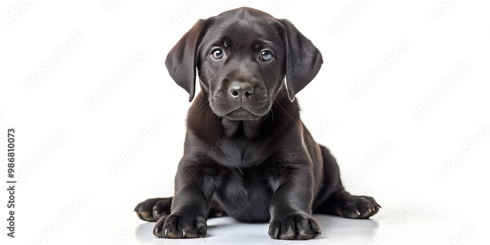 The adorable black labrador puppy sits attentively on a crisp white background, its paws crossed in a charming The adorable black labrador puppy sits attentively on a crisp white background, its paws crossed in a charming