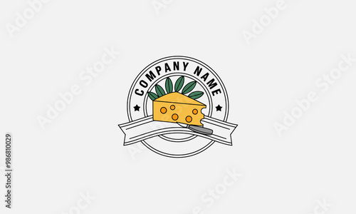 Cheese logo with knife and laurel leaves emblem.