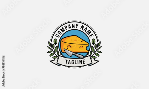 Cheese logo with knife and laurel leaves emblem.
