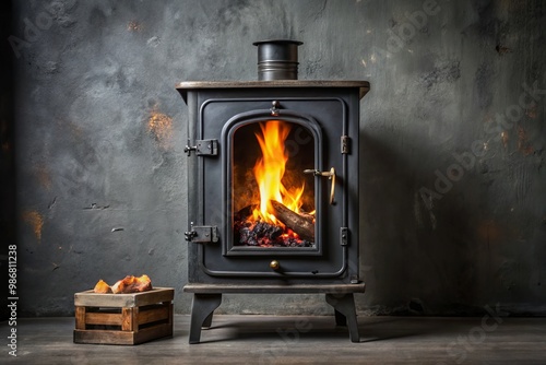 The aged black coal stove with its open door glows warmly against a dull gray backdrop, emitting a