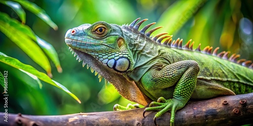 The ancient green iguana's scaly body slowly moves across the tree branch, its spiked head held high as