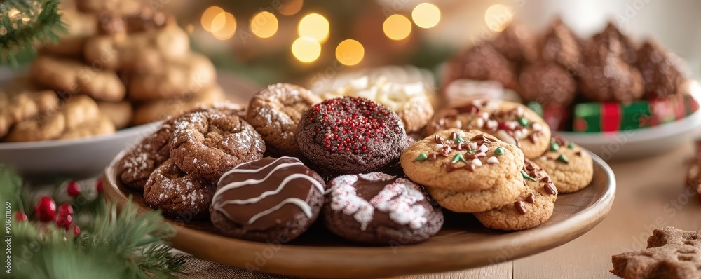 A festive assortment of delicious cookies, beautifully arranged on a wooden platter, perfect for holiday celebrations. A festive assortment of delicious cookies, beautifully arranged on a wooden platter, perfect for holiday celebrations.