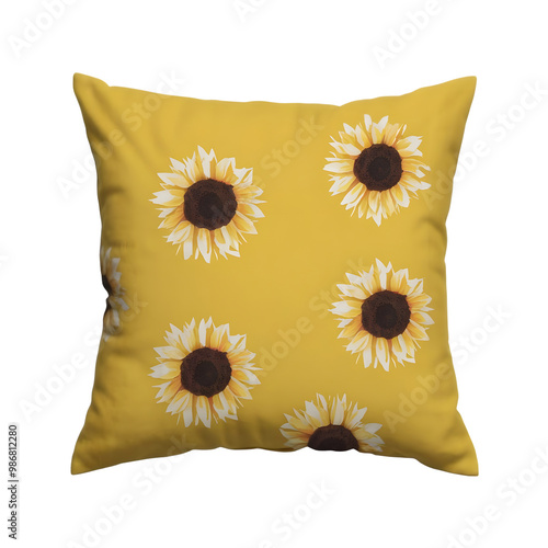 Isolated Cotton yellow with sunflowers pillow on a transparent background PNG, 3D Pillow PNG photo