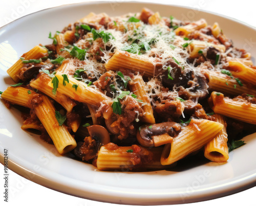 Delicious Plate of Rigatoni with Mushroom Ragu isolated on transparent png background