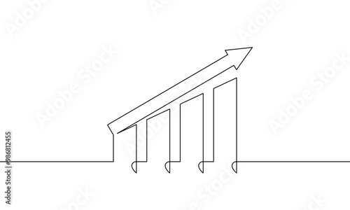 Continuous one line drawing of increasing arrow up. graph icon sign symbol. Illustration vector of business growth. single line art of bar chart