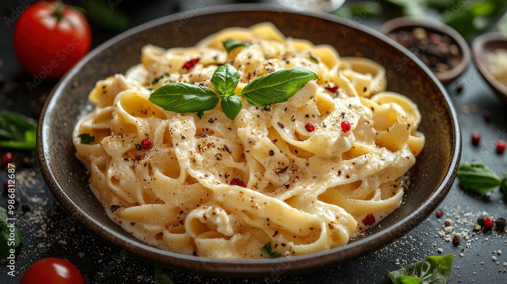 Creamy Fettuccine Alfredo Pasta with Basil and Peppercorns Creamy Fettuccine Alfredo Pasta with Basil and Peppercorns