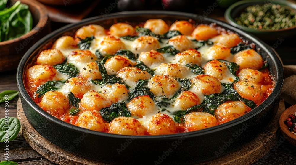 Gnocchi with Spinach and Tomato Sauce in a Black Baking Dish Gnocchi with Spinach and Tomato Sauce in a Black Baking Dish