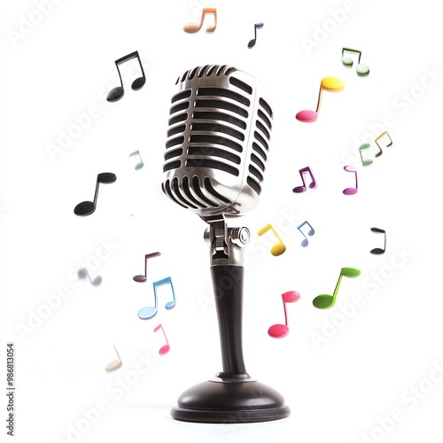 A microphone with a Black Friday label, surrounded by floating music notes, ready for a festive performance, isolated on white background