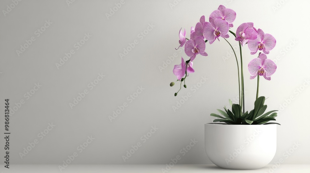 A cascading orchid plant with multiple blooms hanging over the edge of a modern white pot, set against a minimalist background. A cascading orchid plant with multiple blooms hanging over the edge of a modern white pot, set against a minimalist background.