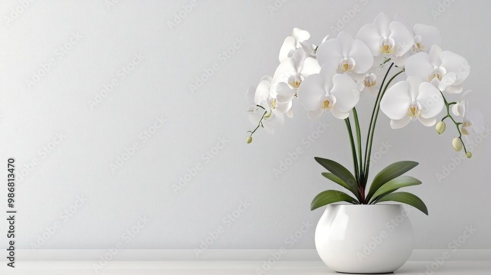 A cascading orchid plant with multiple blooms hanging over the edge of a modern white pot, set against a minimalist background. A cascading orchid plant with multiple blooms hanging over the edge of a modern white pot, set against a minimalist background.