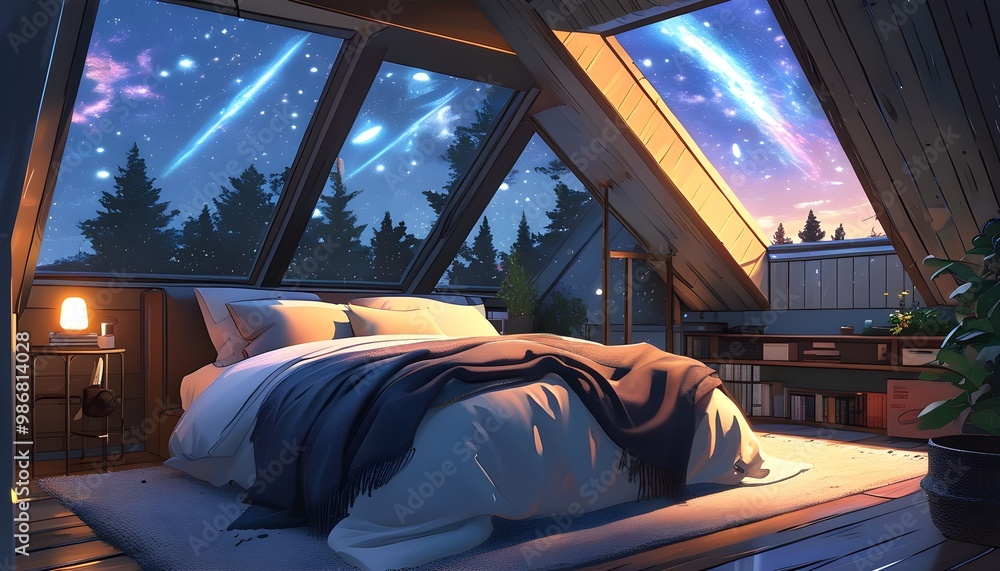 Enchanting attic bedroom with soft glow, cozy blanket, and skylight ...