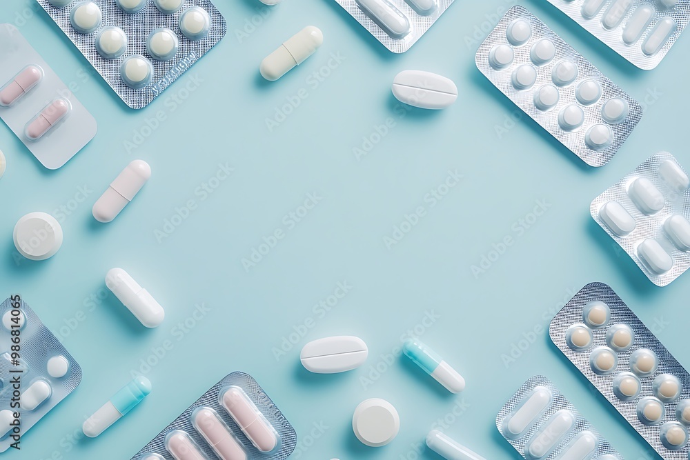 Assortment of Pills and Capsules on a Blue Background Assortment of Pills and Capsules on a Blue Background
