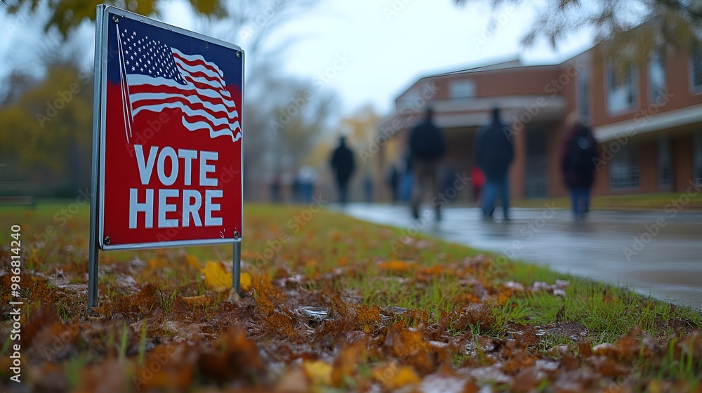 Sign that reads “VOTE HERE” - polling place - school - election - flag - blurred background - politics - voting