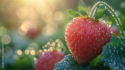 Close-up of a ripe strawberry with dew drops, bathed in soft sunlight.